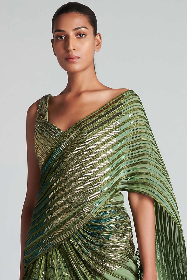 Olive Green Metallic Polymer & Organza Hand Embroidered Pre-Draped Bridal Saree Set by Amit Aggarwal at Pernia's Pop Up Shop