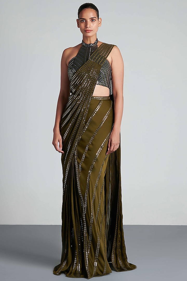 Olive Green Metallic Polymer Pre-Draped Handwoven Saree Set by Amit Aggarwal