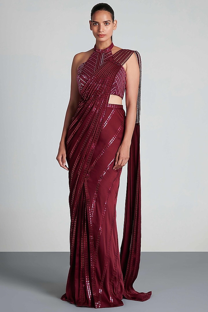 Plum Pre-Draped Handwoven Saree Set by Amit Aggarwal