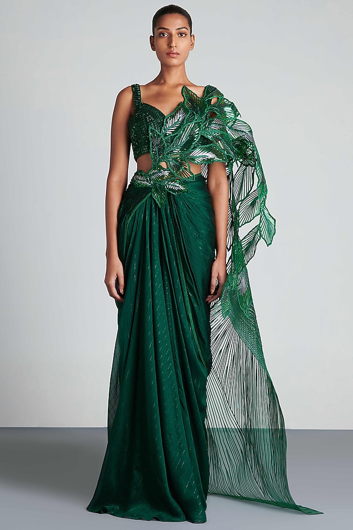 Emerald Green Chiffon & Metallic Polymer Pre-Draped Handwoven Saree Set by Amit Aggarwal
