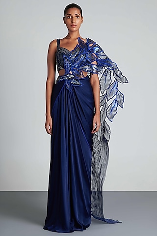 Royal Blue Pre-Draped Handwoven Saree Set by Amit Aggarwal
