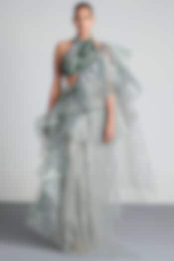 Emerald Green & Icy Grey Tulle Pre-Draped Saree Set by Amit Aggarwal