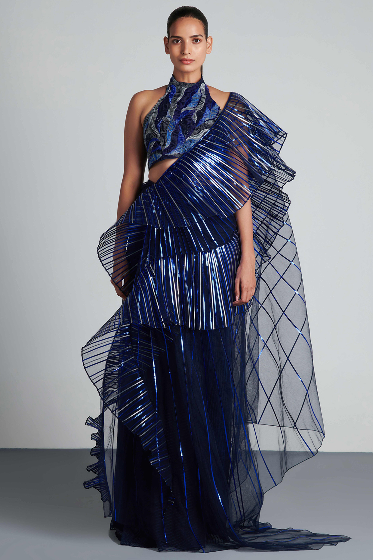 Ink Blue Striped Pre-Draped Reception Saree Set by Amit Aggarwal at Pernia's Pop Up Shop