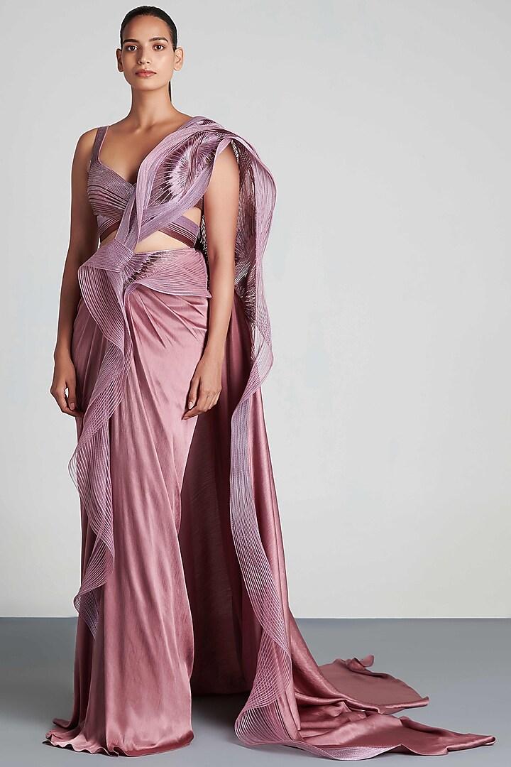 Onion Pink Chiffon & Tulle Pre-Draped Saree Set by Amit Aggarwal