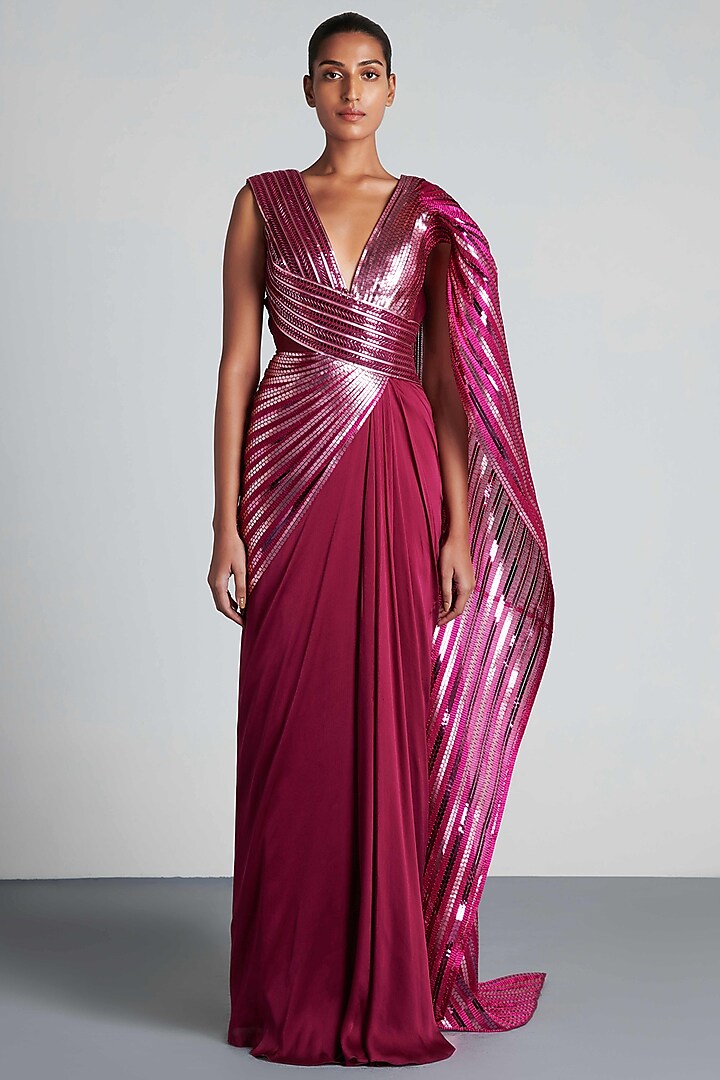 Fuchsia Mesh & Metallic Polymer Pre-Draped Reception Saree Set by Amit Aggarwal at Pernia's Pop Up Shop