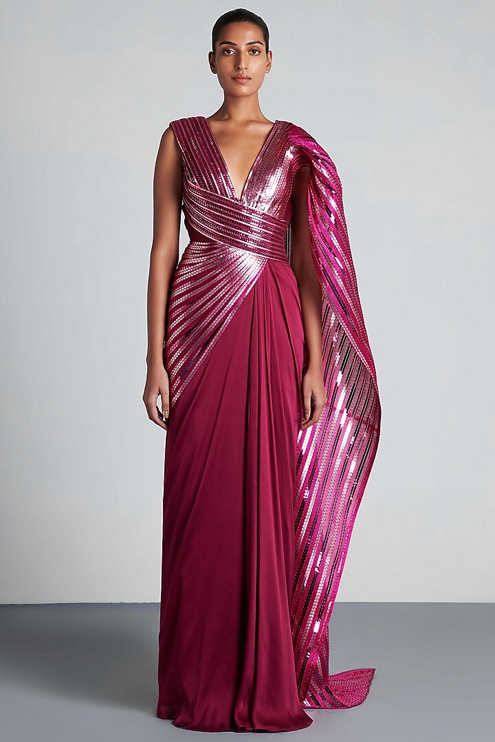 Fuchsia Chiffon Pre-Draped Saree by Amit Aggarwal