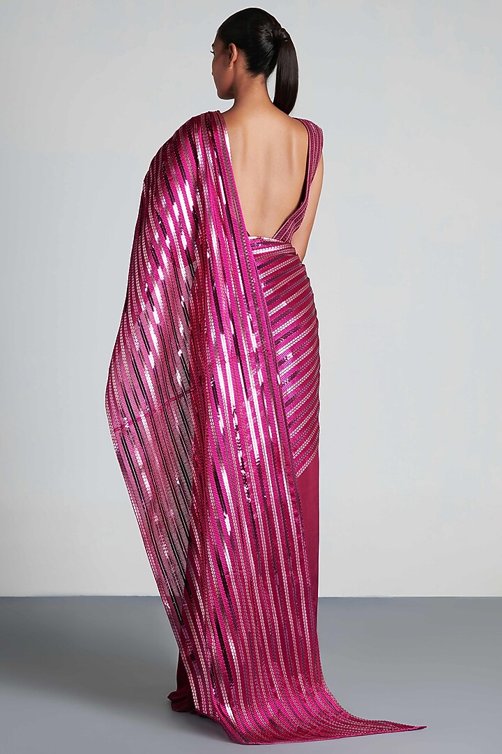 Fuchsia Mesh & Metallic Polymer Pre-Draped Reception Saree Set by Amit Aggarwal at Pernia's Pop Up Shop