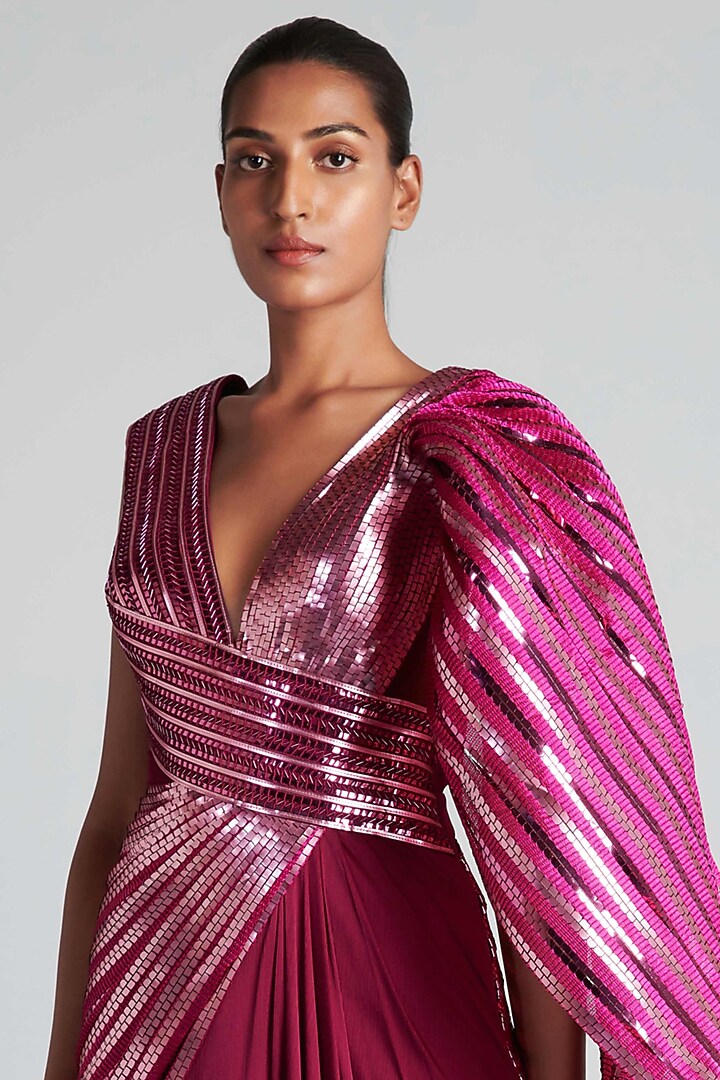 Fuchsia Mesh & Metallic Polymer Pre-Draped Reception Saree Set by Amit Aggarwal at Pernia's Pop Up Shop