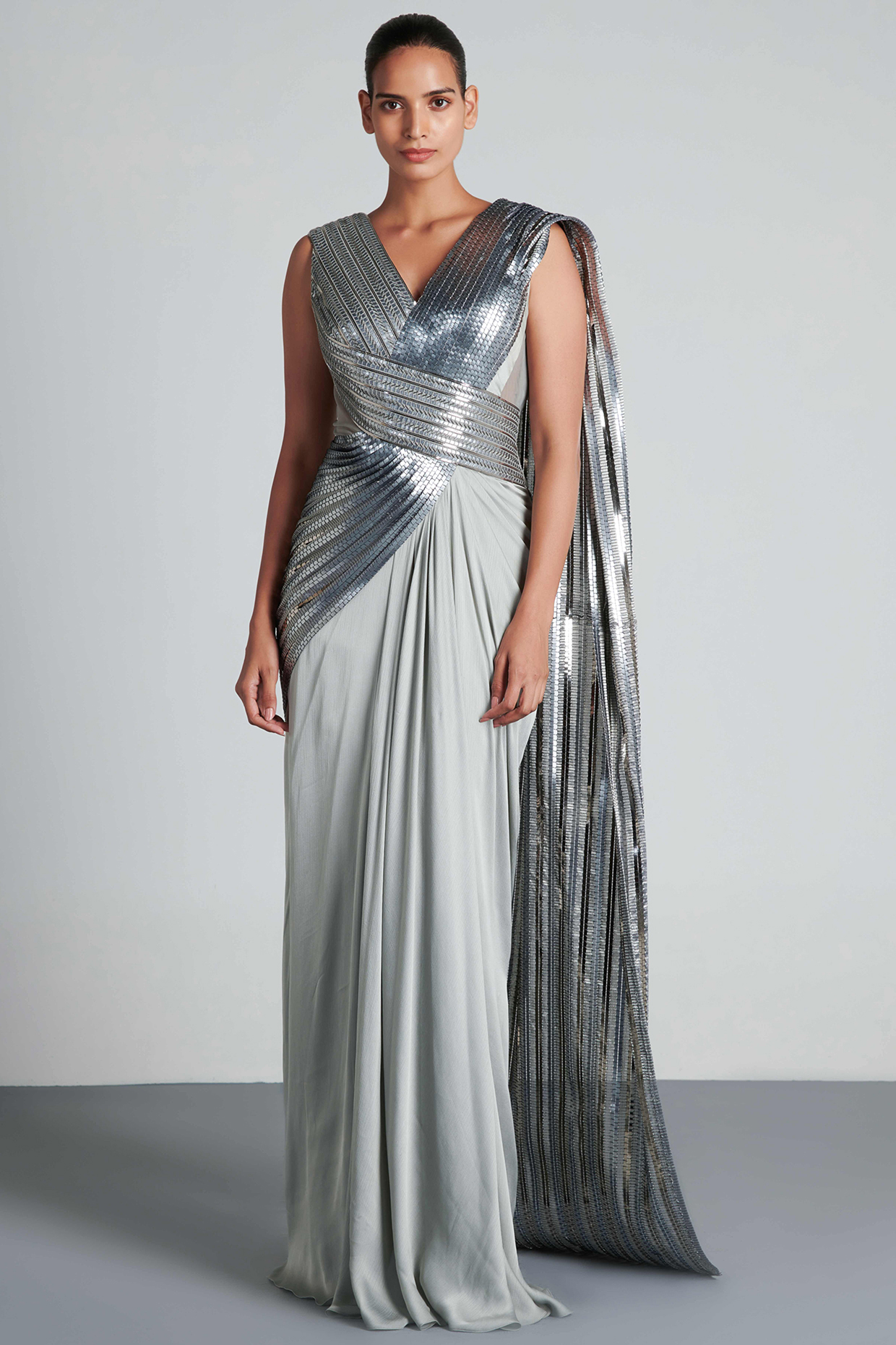 Icy Grey Chiffon & Mesh Pre-Draped Reception Saree Set by Amit Aggarwal at Pernia's Pop Up Shop