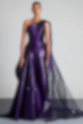 Purple Mesh Fabric Metallic Polymer Hand Woven Draped Gown by Amit Aggarwal