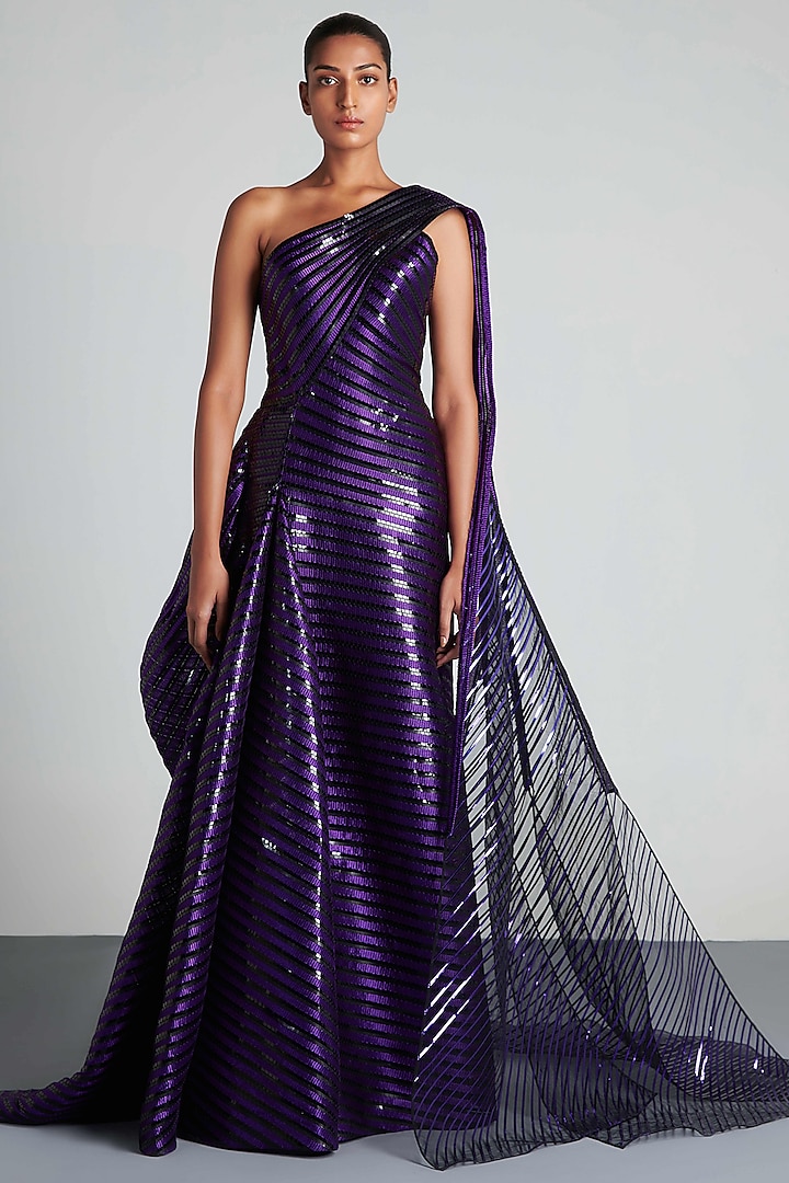Purple Mesh Fabric Metallic Polymer Hand Woven Draped Gown by Amit Aggarwal
