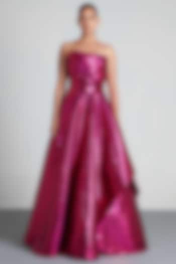 Fuchsia Hand Woven Metallic Textile Draped Gown by Amit Aggarwal