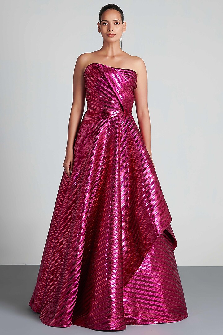 Fuchsia Hand Woven Metallic Textile Draped Gown by Amit Aggarwal