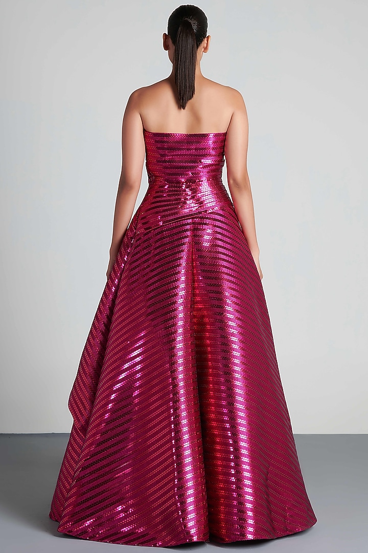 Fuchsia Hand Woven Metallic Textile Draped Gown by Amit Aggarwal at Pernia's Pop Up Shop