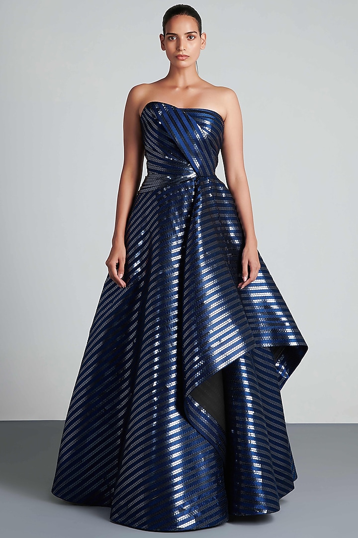 Ink Blue Hand Woven Metallic Textile Draped Gown by Amit Aggarwal