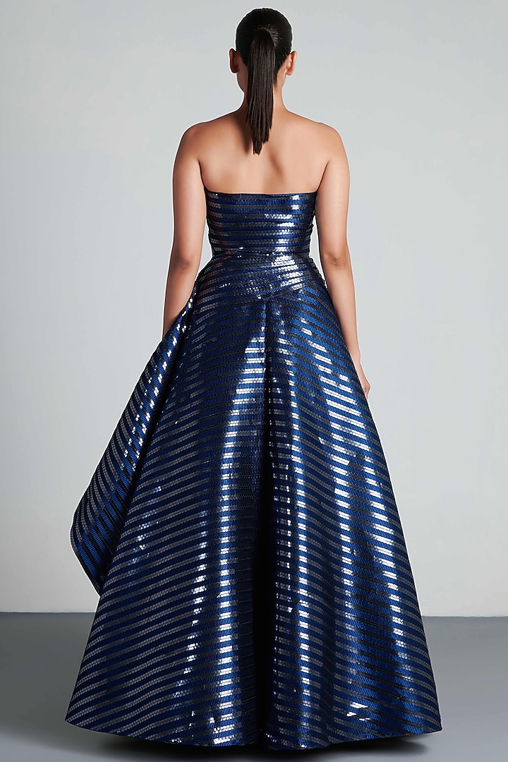 Ink Blue Hand Woven Metallic Textile Draped Gown by Amit Aggarwal at Pernia's Pop Up Shop