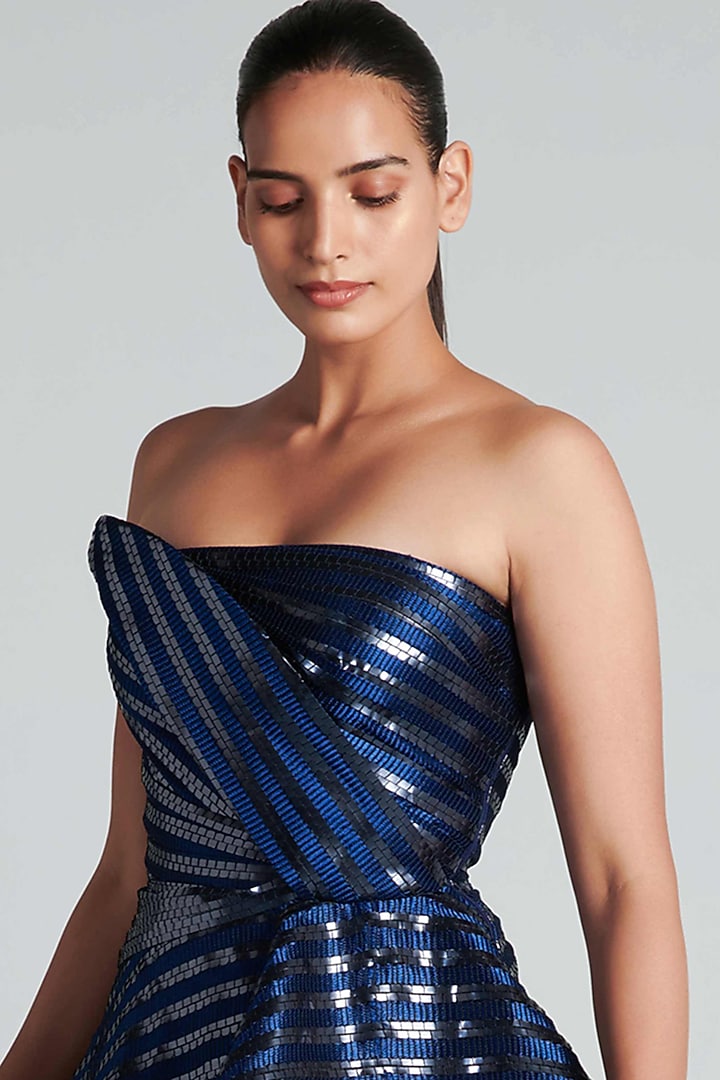 Ink Blue Hand Woven Metallic Textile Draped Gown by Amit Aggarwal at Pernia's Pop Up Shop