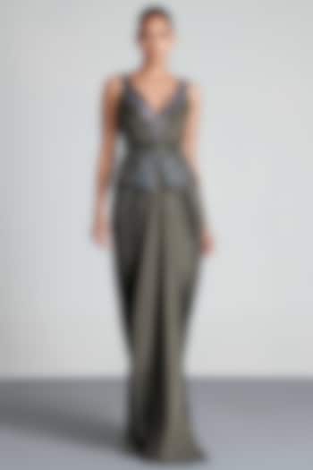 Pewter Olive Hand Embroidered Draped Peplum Gown by Amit Aggarwal at Pernia's Pop Up Shop
