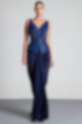 Ink Blue Hand Embroidered Draped Peplum Gown by Amit Aggarwal