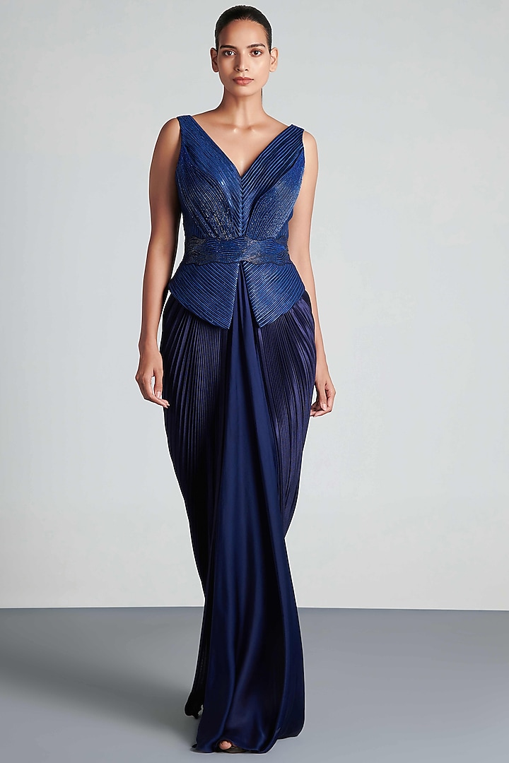 Ink Blue Hand Embroidered Draped Peplum Gown by Amit Aggarwal