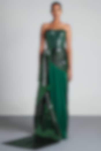 Emerald Chiffon & Mesh Metallic Hand Woven Draped Gown by Amit Aggarwal
