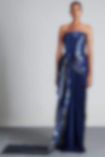 Ink Blue Metallic Hand Woven Draped Gown by Amit Aggarwal at Pernia's Pop Up Shop