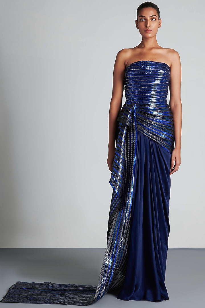 Ink Blue Metallic Hand Woven Draped Gown by Amit Aggarwal at Pernia's Pop Up Shop