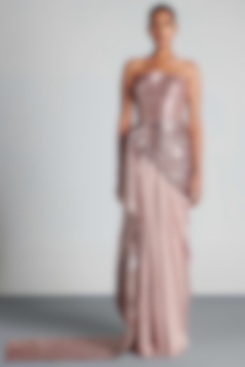 Blush Metallic Hand Woven Draped Gown by Amit Aggarwal at Pernia's Pop Up Shop