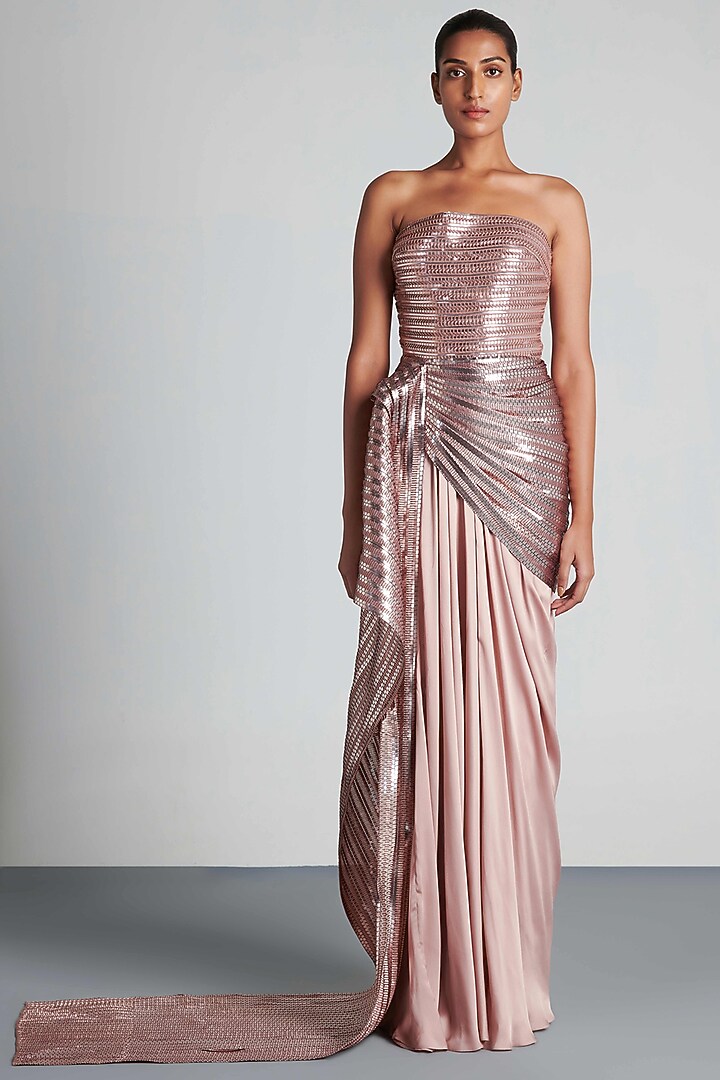 Blush Metallic Hand Woven Draped Gown by Amit Aggarwal at Pernia's Pop Up Shop