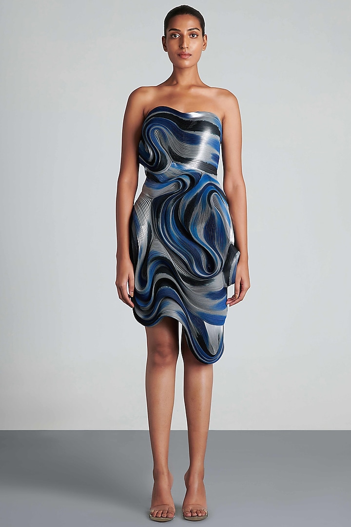 Ink Blue & Ice Grey Metallic Hand Painted Dress by Amit Aggarwal
