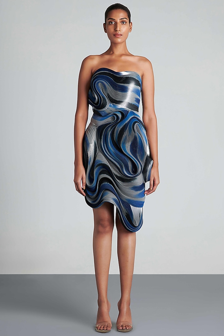 Ink Blue & Ice Grey Metallic Hand Painted Party Wear Dress by Amit Aggarwal at Pernia's Pop Up Shop