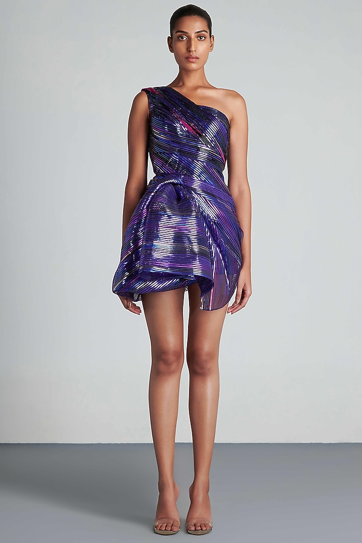 Purple Hand Embroidered Asymmetric Draped Party Wear Dress by Amit Aggarwal at Pernia's Pop Up Shop