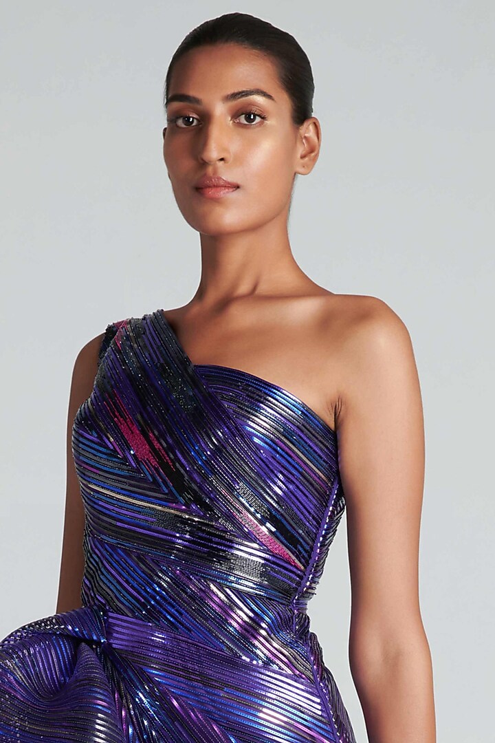 Purple Hand Embroidered Asymmetric Draped Party Wear Dress by Amit Aggarwal at Pernia's Pop Up Shop