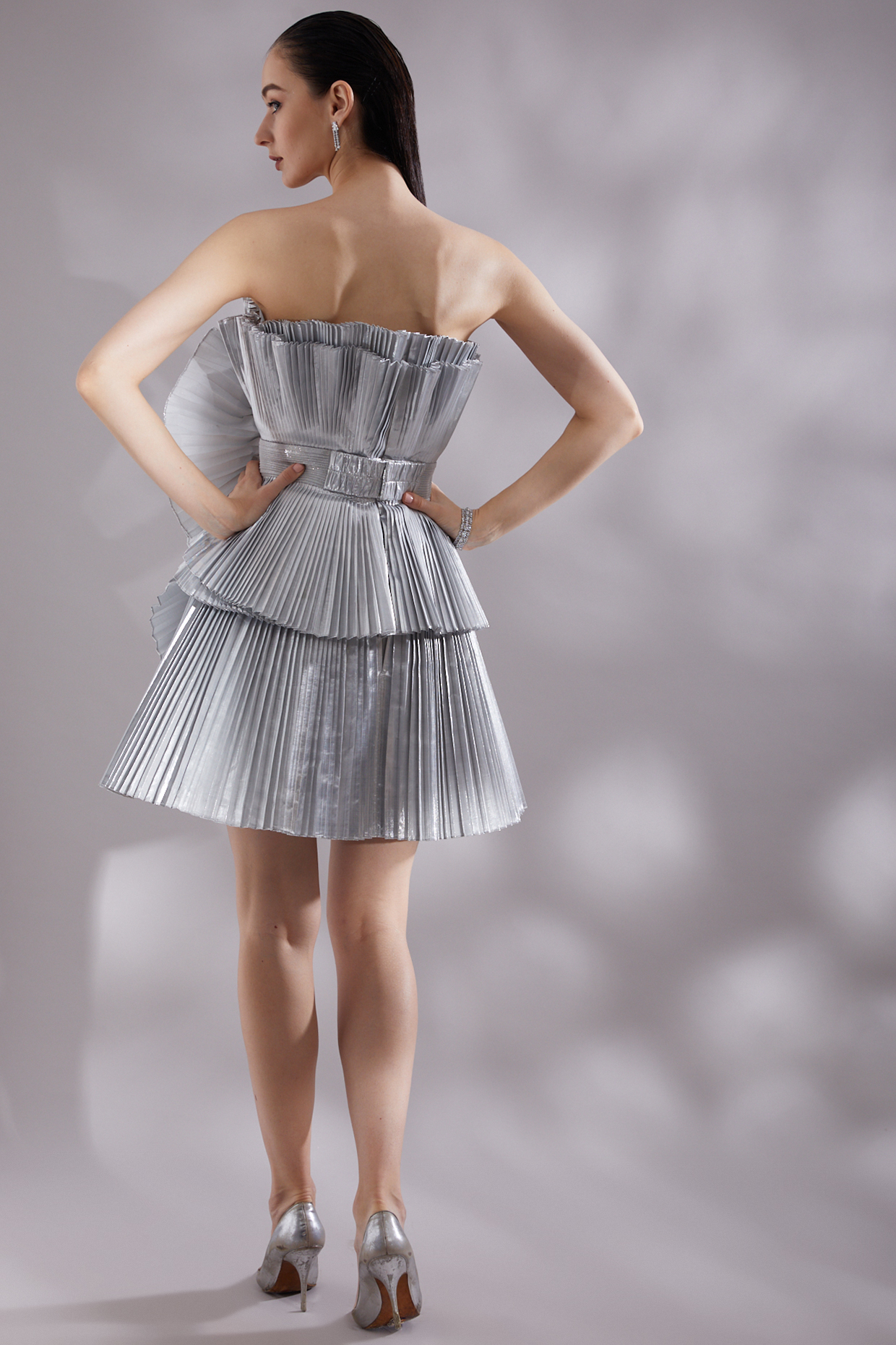White Metallic Chiffon Skater Dress Design by Amit Aggarwal at