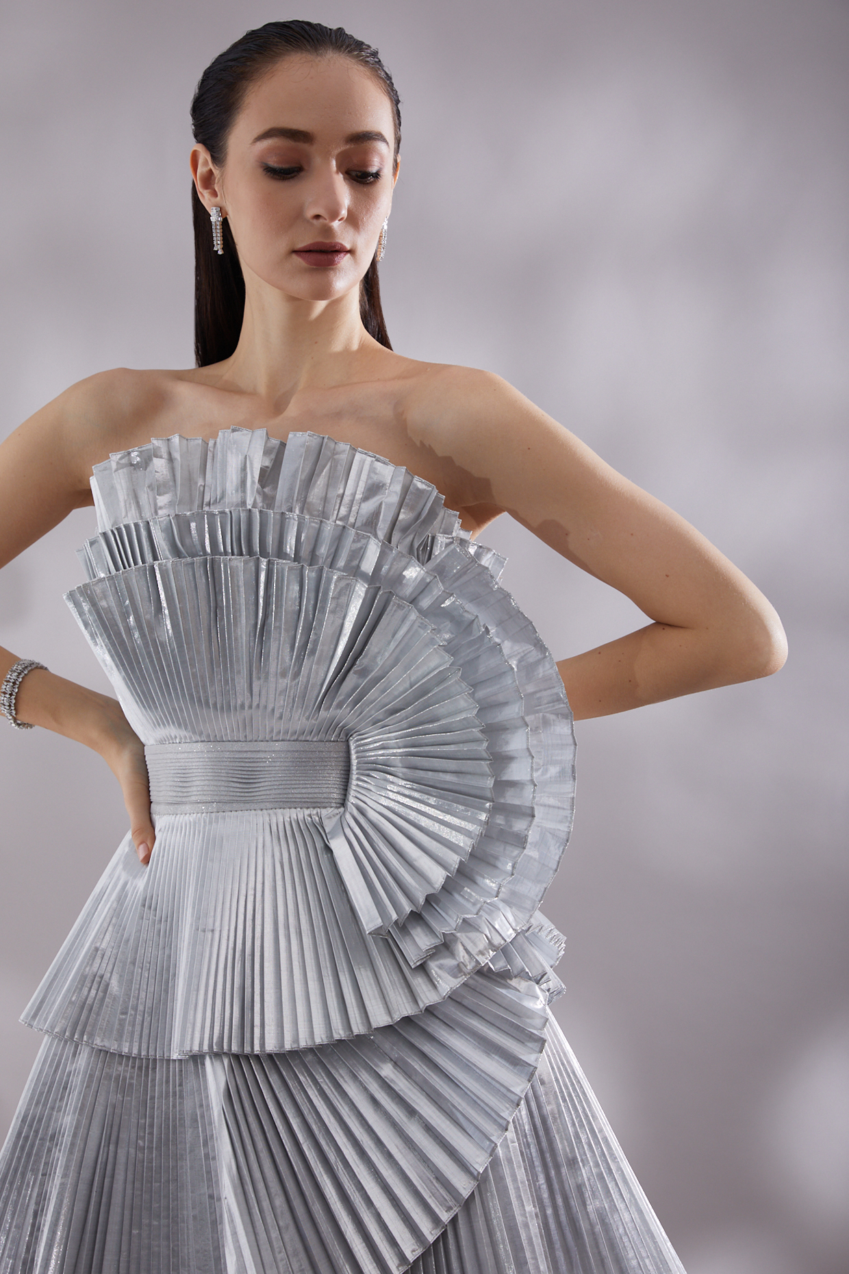 White Metallic Chiffon Skater Dress Design by Amit Aggarwal at