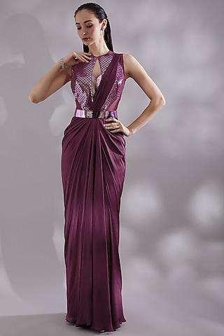 Purple Metallic & Chiffon Handwoven Pre-Draped Saree Set by Amit Aggarwal