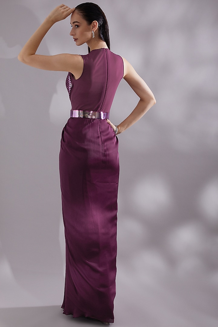Purple Metallic & Chiffon Handwoven Pre-Draped Reception Saree Set by Amit Aggarwal at Pernia's Pop Up Shop
