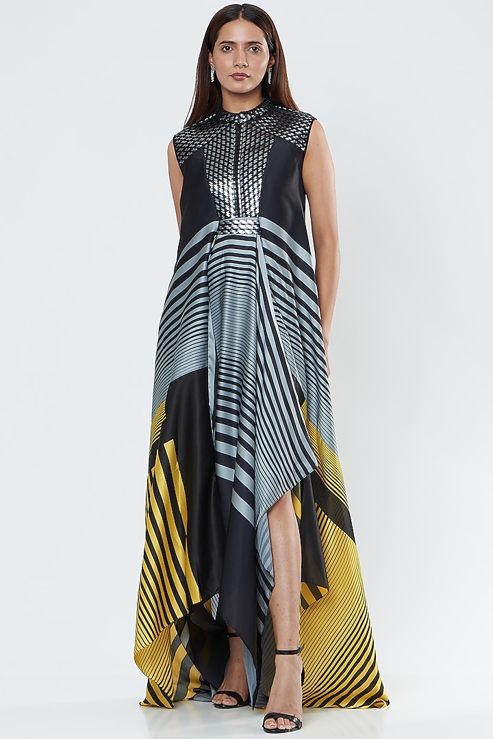 Black & Neon Yellow Printed & Embroidered Dress by Amit Aggarwal