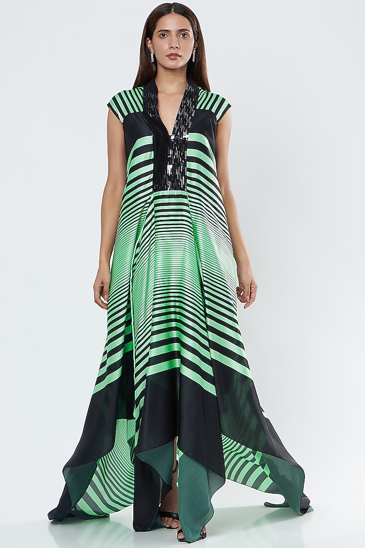 Black & Neon Green Printed & Embroidered Dress by Amit Aggarwal