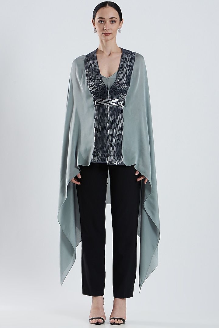 Ice Grey Embroidered Draped Cape by Amit Aggarwal