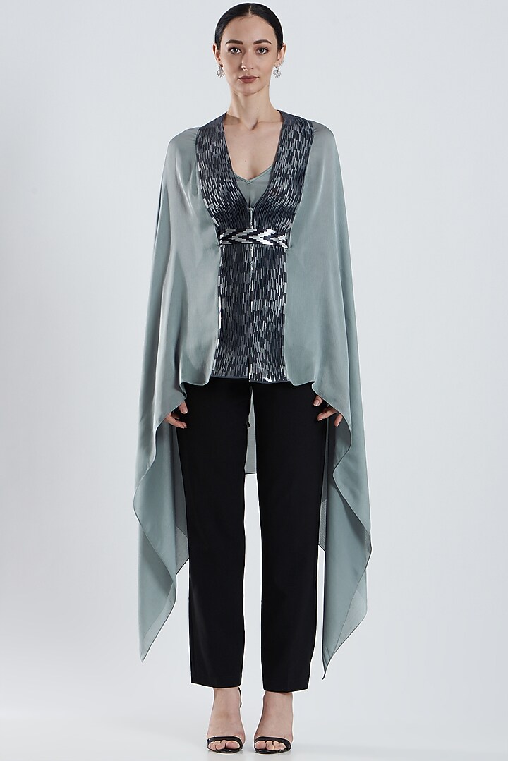 Ice Grey Embroidered Draped Cape by Amit Aggarwal at Pernia's Pop Up Shop