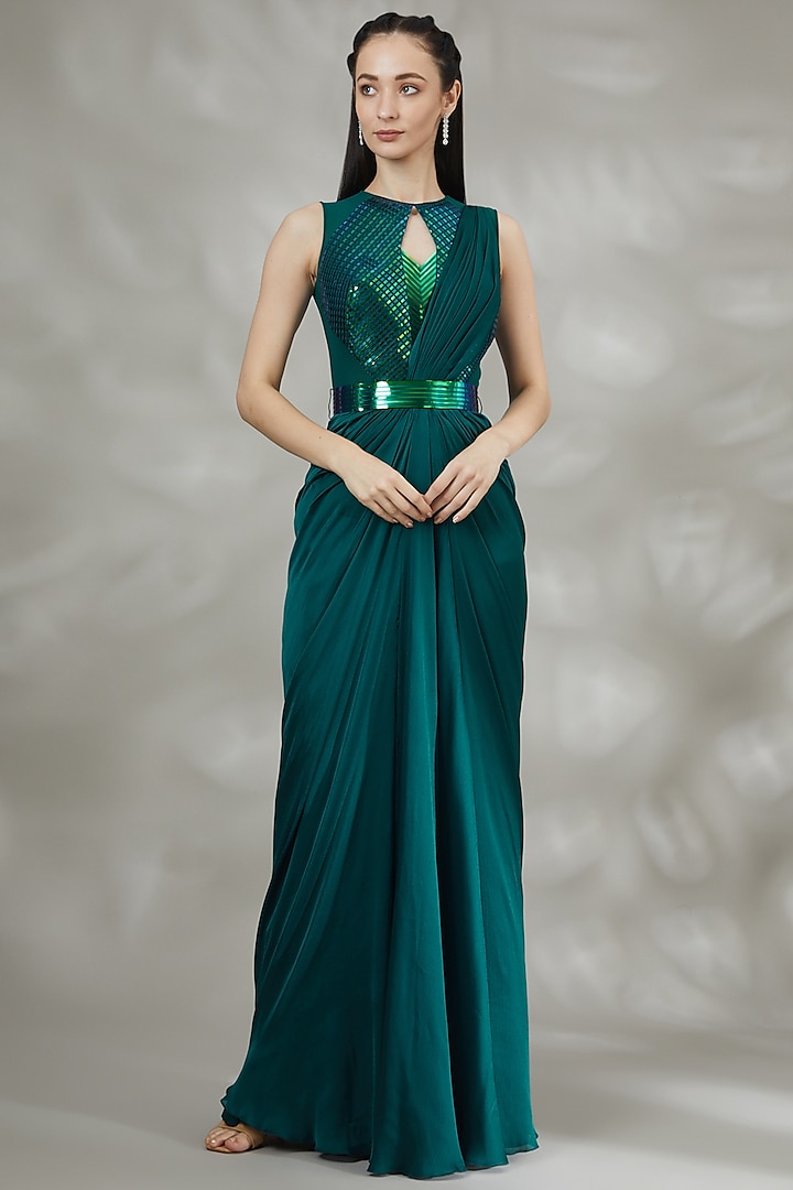 Teal Blue Chiffon & Striped Fabric Draped Saree Set by Amit Aggarwal