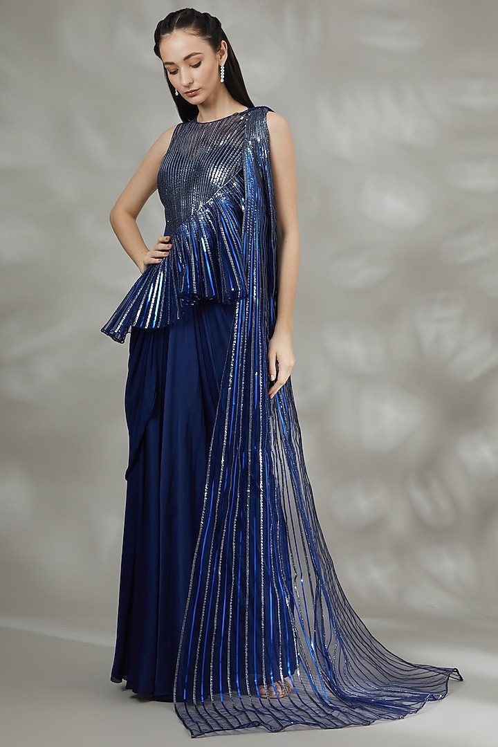 Ink Blue Embroidered Draped Gown by Amit Aggarwal at Pernia's Pop Up Shop