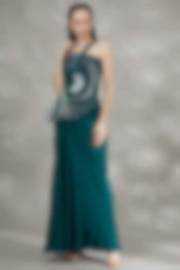 Teal Blue Embroidered Draped Gown by Amit Aggarwal