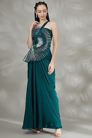Teal Blue Embroidered Draped Gown by Amit Aggarwal