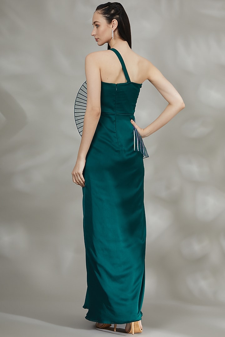 Teal Blue Embroidered Draped Gown by Amit Aggarwal at Pernia's Pop Up Shop