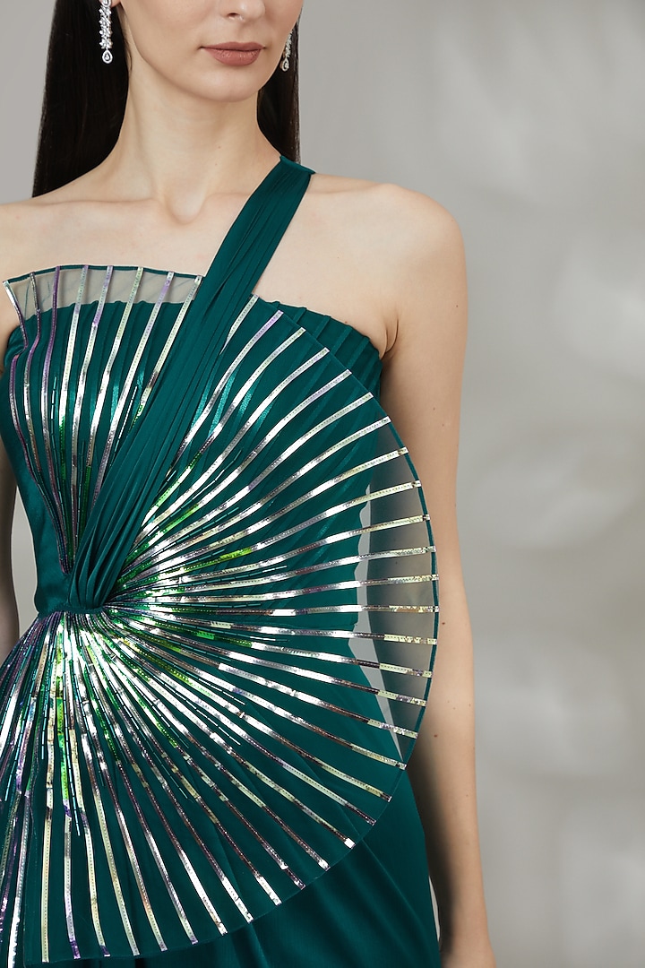 Teal Blue Embroidered Draped Gown by Amit Aggarwal at Pernia's Pop Up Shop