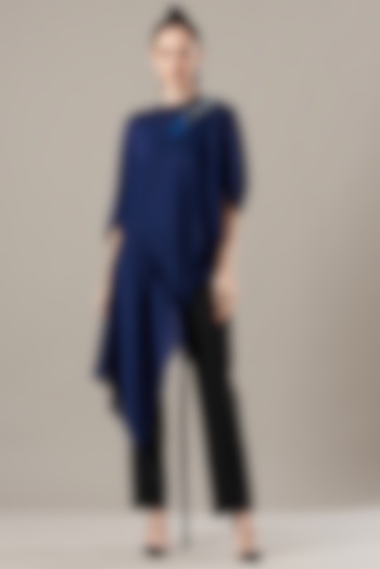 Blue Crinkled Chiffon Top by Amit Aggarwal at Pernia's Pop Up Shop