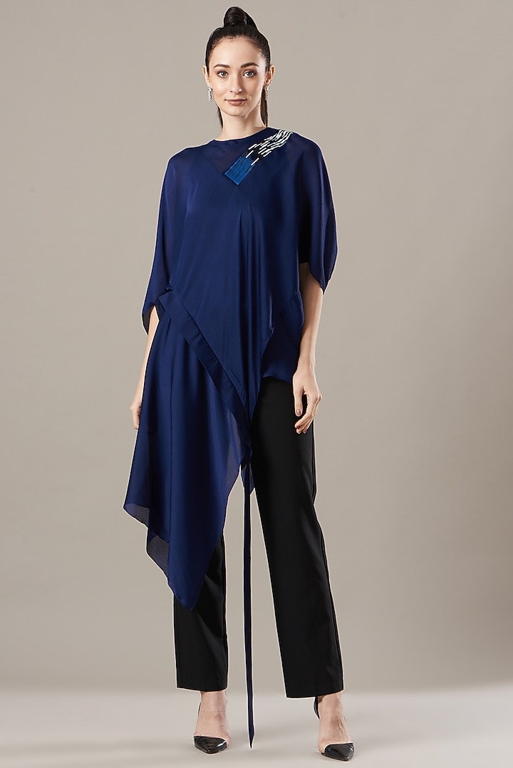 Blue Crinkled Chiffon Top by Amit Aggarwal at Pernia's Pop Up Shop