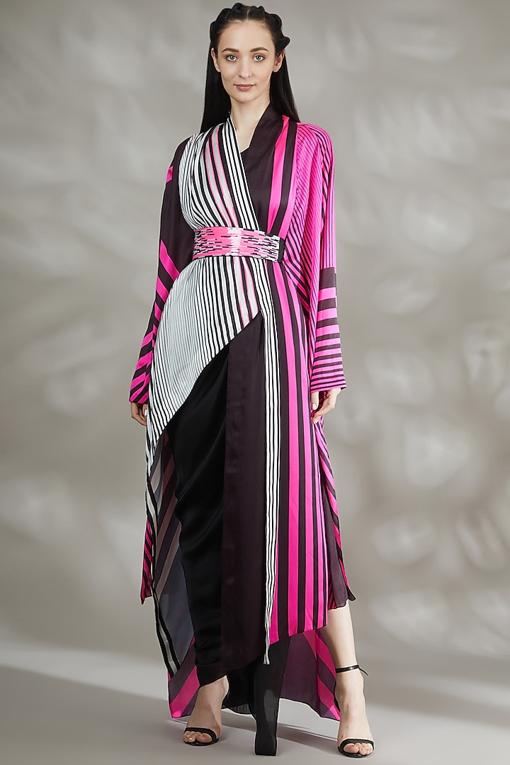 Black & Neon Pink Chiffon Draped Cape Set by Amit Aggarwal at Pernia's Pop Up Shop
